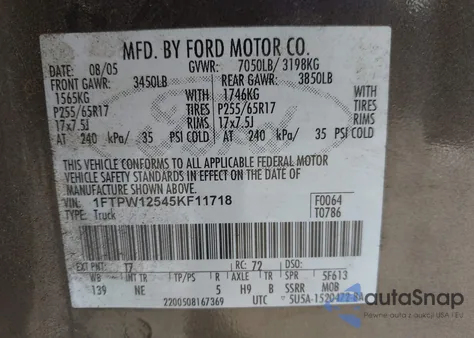 2005 Ford F-150 Lariat/Xlt from USA, damaged, VIN 1FTPW12545KF11718